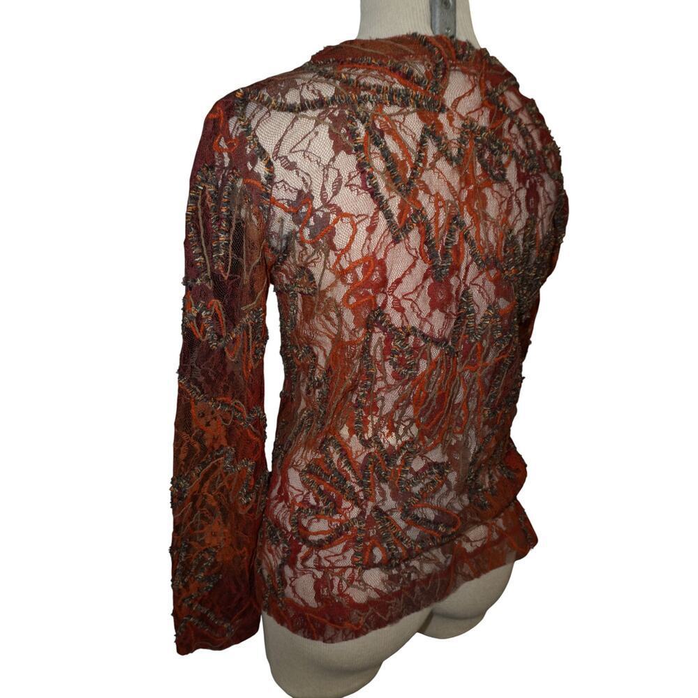 Vintage Sheer Burnt Orange Embroidered Lace Mesh Button-Up Top Boho Whimsy Goth - Picture 8 of 14